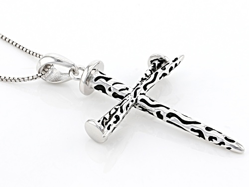 Rhodium Over Sterling Silver Oxidized Nail Cross Pendant With 20 Inch Box Chain