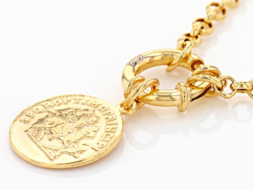 18k Yellow Gold Over Sterling Silver Rolo Link 20 Inch Necklace With Replica Coin Pendant - Size 20
