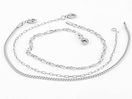 Sterling Silver 1.6mm Paperclip, 2mm Curb, & 3mm Mirror Link Bracelet Set of 3 - Size 8