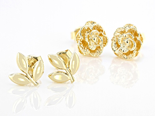 18k Yellow Gold Over Sterling Silver Rose & Leaf Stud Earring Set of 2