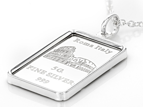 .999 Fine Silver 5g Roman Colosseum Ingot Pendant With Sterling Silver Frame & 20 Inch Cable Chain