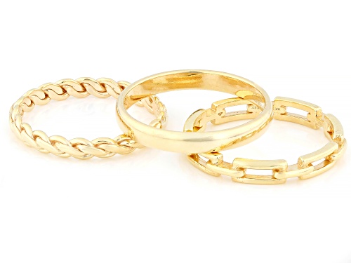 18k Yellow Gold Over Sterling Silver Polished, Paperclip and Woven Band Ring Set of 3 - Size 10
