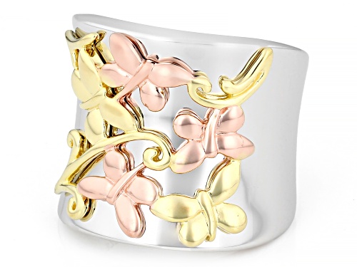 Rhodium Over Sterling Silver, 18k Gold Over Sterling Silver Tri-Color Ring - Size 8