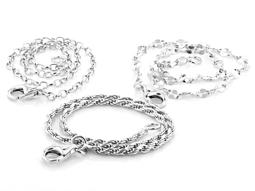 Sterling Silver 2.8mm Mirror, 2mm Rope and 2mm Paperclip Chain Set of 3 Bracelets - Size 8