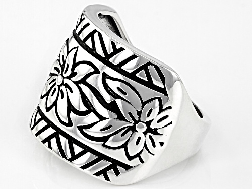 Rhodium Over Sterling Silver Oxidized Flower Design Dome Ring - Size 8