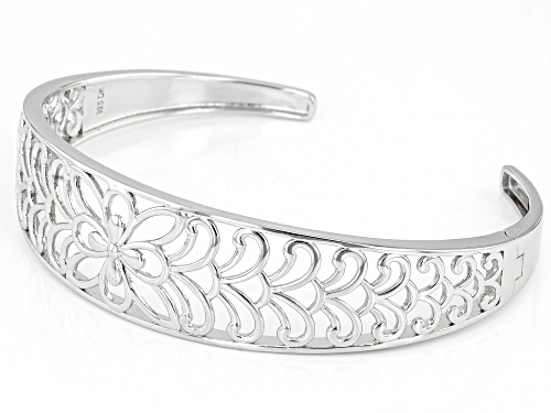 Rhodium Over Sterling Silver Open Flower Design Cuff - Size 8