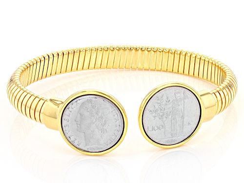 18k Yellow Gold Over Sterling Silver Lire Coin Cuff Bangle - Size 7.25