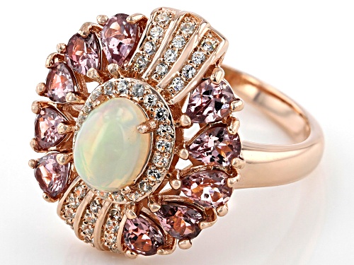 2.11ctw Ethiopian Opal, Color Shift Garnet & White Zircon 18k Rose Gold Over Sterling Silver Ring - Size 7