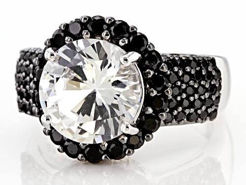 2.98ct Round Lab Created White Sapphire With 1.07ctw Black Spinel Rhodium Over Silver Ring - Size 9
