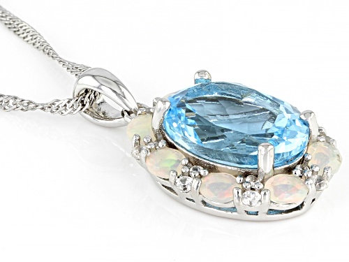 6.00ct Glacier Topaz, .82ctw Ethiopian Opal, .41ctw White Zircon Rhodium Over Silver Pendant/Chain