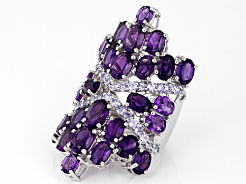 10.86ctw Oval Amethyst With 1.15ctw Round Tanzanite Rhodium Over Sterling Silver Ring - Size 6
