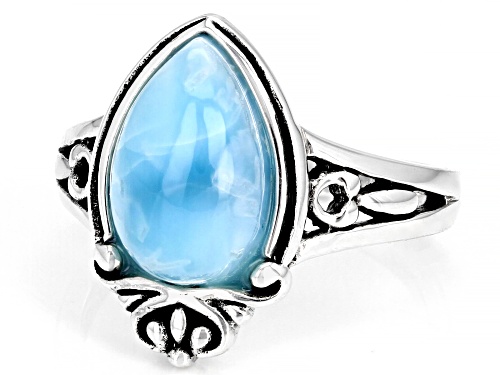 12X8mm Pear Shaped Cabochon Larimar Solitaire Rhodium Over Sterling Silver Ring - Size 7