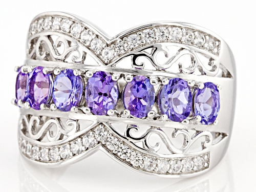 1.00ctw Oval Tanzanite With 0.26ctw Round White Zircon Rhodium Over Sterling Silver Ring - Size 8