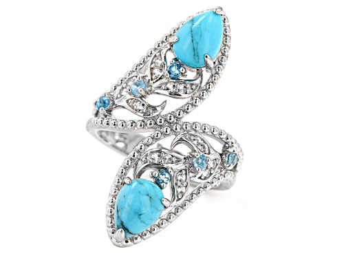 8x6mm Composite Turquoise, 0.34ctw Swiss Blue Topaz & White Topaz Rhodium Over Silver Bypass Ring - Size 9