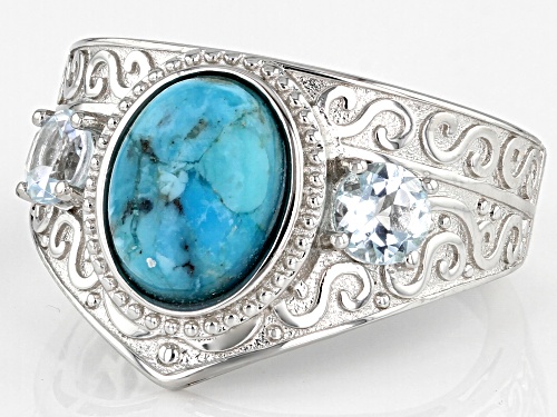 9x7mm Oval Blue Turquoise With 0.54ctw Glacier Topaz™ Rhodium Over Sterling Silver Ring - Size 8