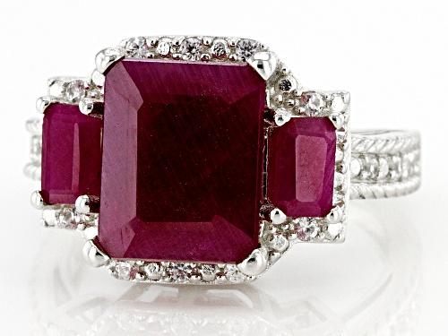 4.45ctw Indian Ruby With 0.17ctw Round White Zircon Rhodium Over Sterling Silver Ring - Size 8