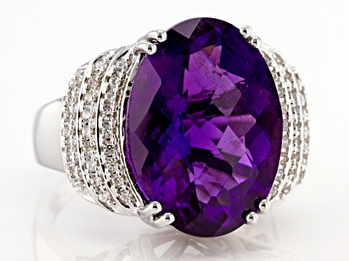 10.00ct Oval African Amethyst With 0.34ctw Round White Zircon Rhodium Over Sterling Silver Ring - Size 7