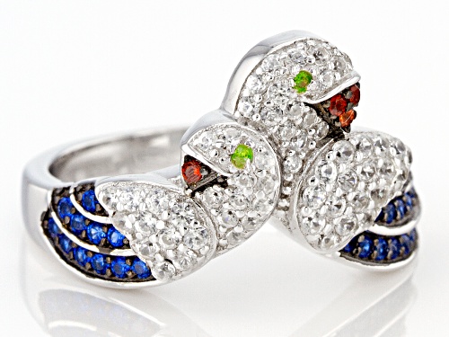 .70ctw Round White Zircon, Lab Created Blue Spinel & Multi-Gem Rhodium Over Silver Parrot Ring - Size 7
