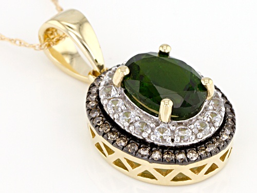 1.17ct Chrome Diopside, .29ctw White Zircon And .14ctw Champagne Diamond 10k Gold Pendant With Chain