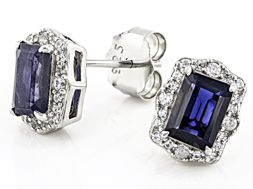 1.25ctw Octagonal Iolite With 0.38ctw Round White Zircon Rhodium Over Sterling Silver Earrings