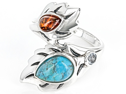 10x7mm Pear Shape Turquoise With Amber And 0.12ct Glacier Topaz™ Sterling Silver Ring - Size 7