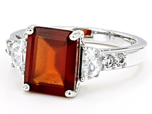 3.00ctw Octagonal Hessonite Garnet With 0.78ctw White Zircon Rhodium Over Sterling Silver Ring - Size 7