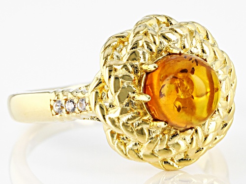 7mm Round Amber And 0.06ctw White Zircon 18k Yellow Gold Over Sterling Silver Ring - Size 9
