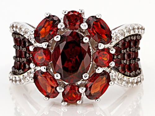 3.83ctw Oval and Round Vermelho Garnet™  with 0.24ctw White Zircon Rhodium Over Sterling Silver Ring - Size 7