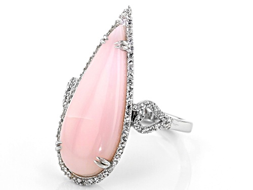 26X10mm Cabochon Pear Shape Pink Opal and 0.43ctw Zircon Rhodium Over Silver Ring - Size 7