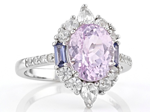 2.95ct kunzite with 0.18ctw tanzanite and 1.05ctw white zircon rhodium over sterling silver ring - Size 10