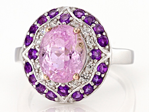 2.77ct Oval Kunzite with .60ctw African Amethyst & .13ctw White Zircon Rhodium Over Silver Ring - Size 7