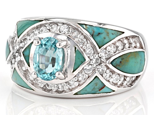1.07ct Oval blue zircon with turquoise and .68ctw white zircon rhodium over sterling silver ring - Size 5