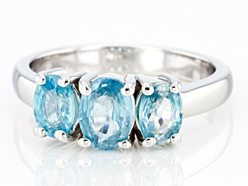 1.53CTW OVAL BLUE ZIRCON RHODIUM OVER STERLING SILVER 3-STONE RING - Size 7