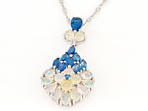 1.31ctw Ethiopian Opal with 1.77ctw London Blue Topaz Rhodium Over Silver Pendant with Chain