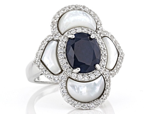 2.72ct Oval blue sapphire with Mother of Pearl and 1.32ctw zircon rhodium over silver ring - Size 9