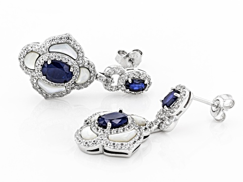 2.00ctw Blue Sapphire, Freshwater Mother-of-Pearl & 2.00ctw Zircon Rhodium Over Silver Earrings