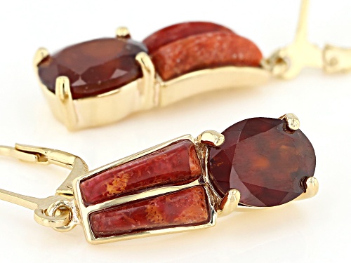 5.35CTW HESSONITE  WITH 10X3MM CORAL 18K YELLOW GOLD OVER STERLING SILVER EARRINGS