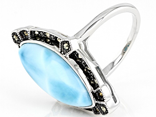20x10mm Marquise Larimar and Marcasite Rhodium Over Sterling Silver Ring - Size 8