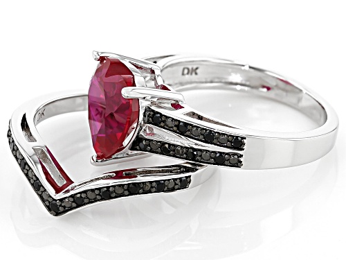 3.27ct Heart Shape Lab Ruby & .21ctw Black Spinel Rhodium Over Silver Chevron Ring and Band Set - Size 9