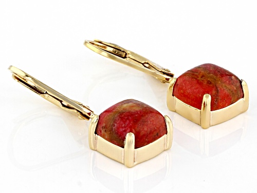 8mm Square Cushion Red Sponge Coral 18k Yellow Gold Over Silver Earrings
