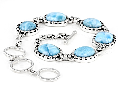 11x9mm Oval and 11x9mm Rectangular Cushion cabochon Larimar Rhodium Over Silver Toggle Bracelet - Size 7.25
