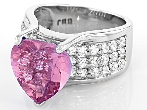5.95ct Heart Shaped Color Change Fluorite and 2.10ctw White Zircon Rhodium Over Silver Ring - Size 9