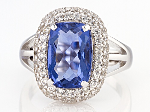 4.25c Cushion Blue Color Change Fluorite and .78ctw Zircon Rhodium Over Silver Ring - Size 9