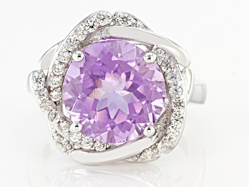 5.27ct Round Lavender Amethyst and 0.69ctw White Zircon Rhodium Over Silver Ring - Size 9