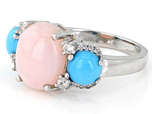 12X10mm Oval Pink Opal With 6mm Round Turquoise And 0.30ctw Zircon Rhodium Over  Silver Ring - Size 7