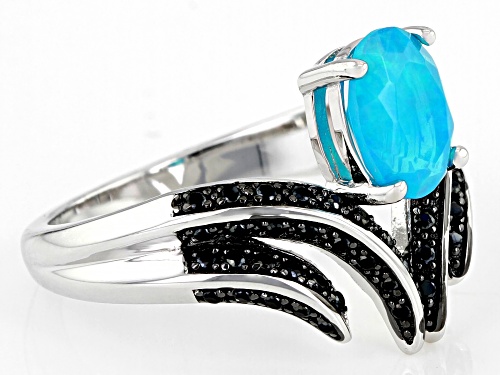 0.54ctw Paraiba Blue Opal and 0.26ctw Round Black Spinel Rhodium Over Sterling Silver Ring - Size 8