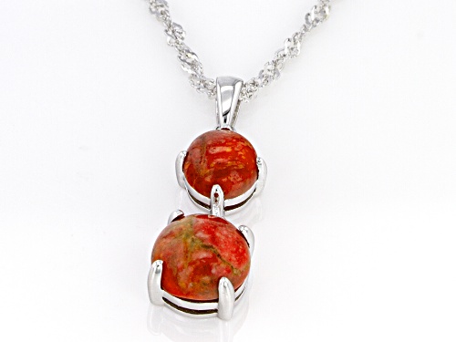 6mm-8mm Round Cabochon Coral Rhodium Over Silver Two-Stone Pendant With Chain