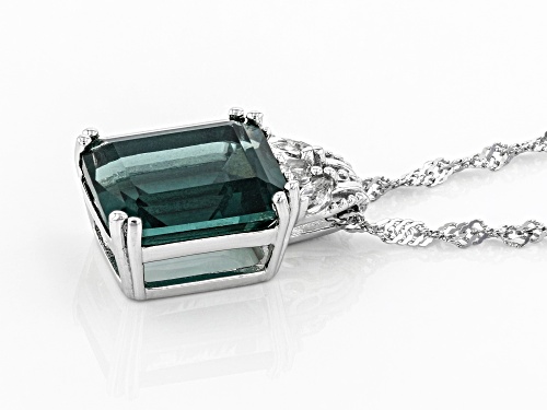 5.95ct Emerald cut Teal Fluorite and .21ctw Topaz Rhodium Over Silver Pendant With Chain