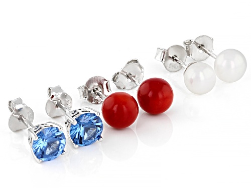 1.87ctw Lab Spinel, 6mm Cultured Freshwater Pearl & Coral Rhodium Over Silver Set of 3 Earrings