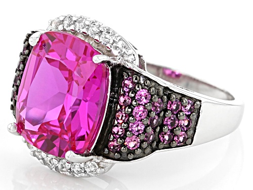 7.07ctw Lab Pink Sapphire, Raspberry Color Rhodolite and White Topaz Rhodium Over Silver Ring - Size 9